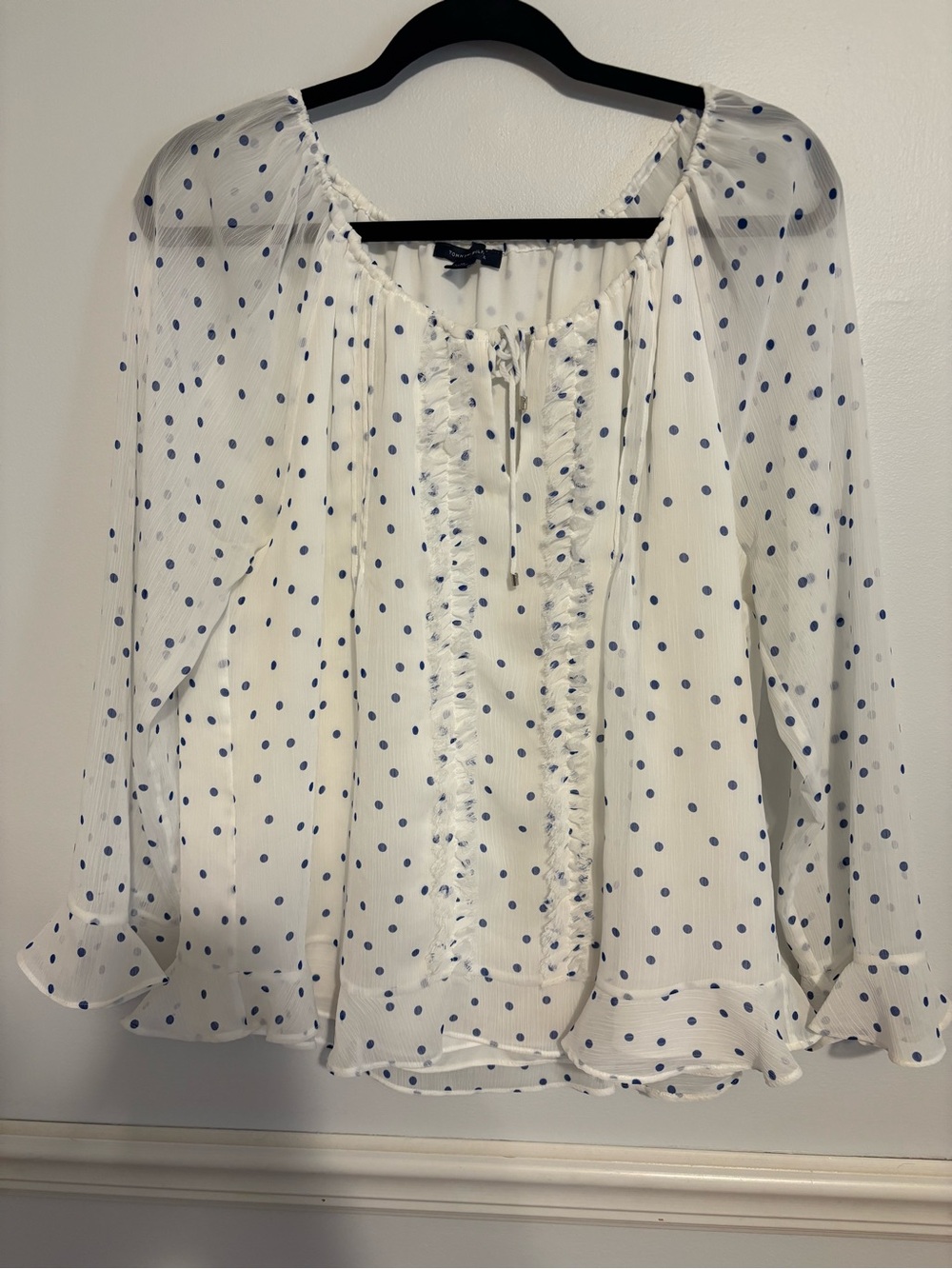 Tommy Hilfiger White Peasant Blouse with Navy Polka Dots